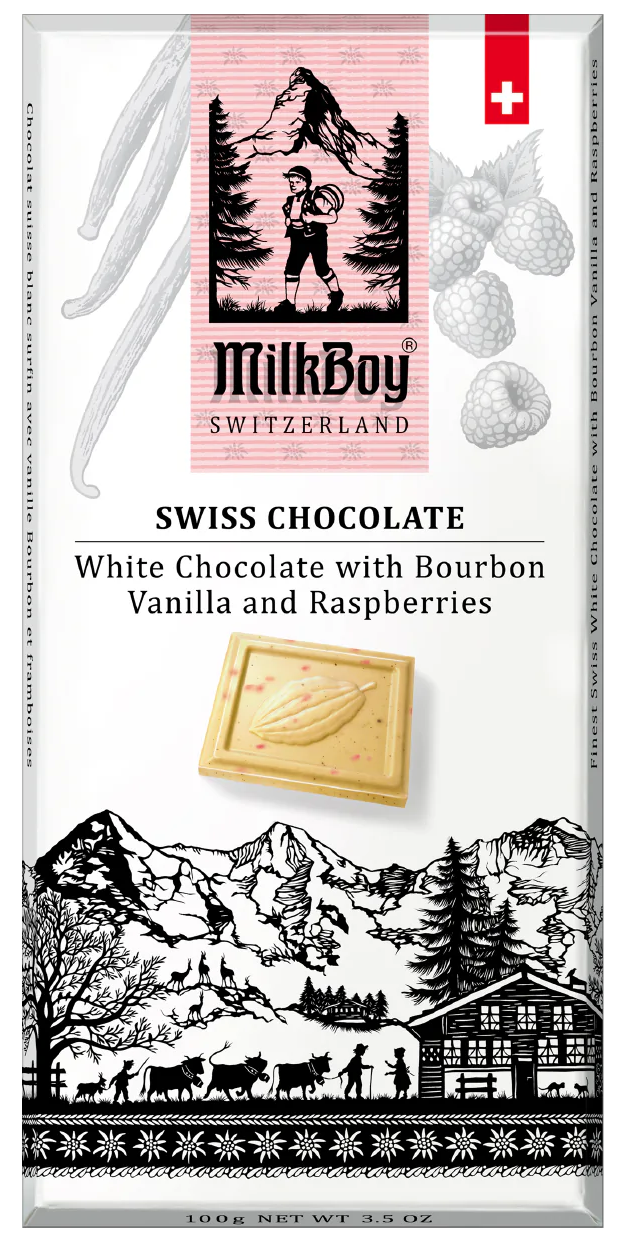 Milkboy Swiss Chocolates: White Chocolate with Bourbon Vanilla and Raspberries