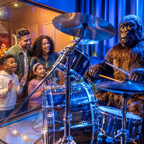 Family Watches Gorilla Drummer Exhibit