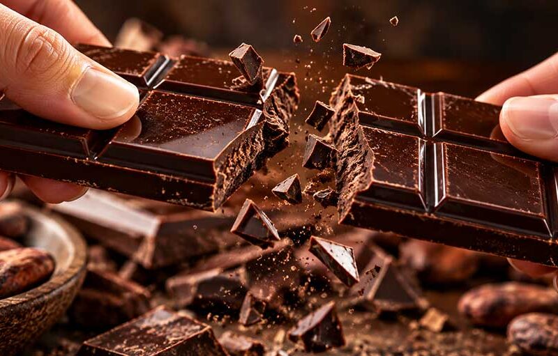 hands breaking a glossy dark chocolate bar