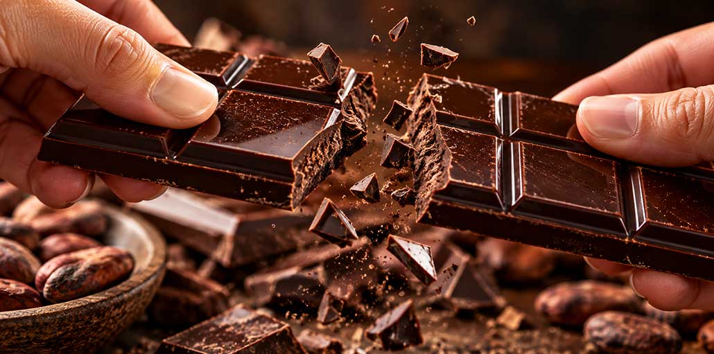 hands breaking a glossy dark chocolate bar
